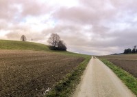 gravel path countryside agricultural fields at sunset, panorama, colorful overcast sky